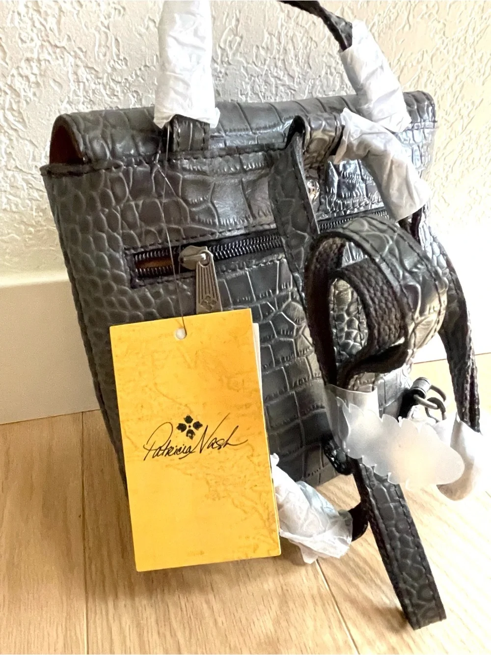 NWT Patricia Nash Davoli Gray Croco Leather Backpack Crossbody Bag Luxury